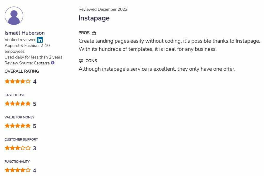 Instapage user review 4