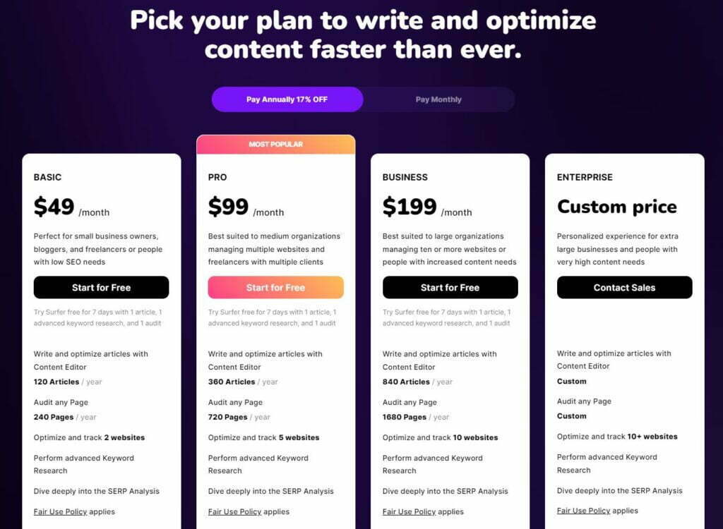 Surfer SEO Pricing