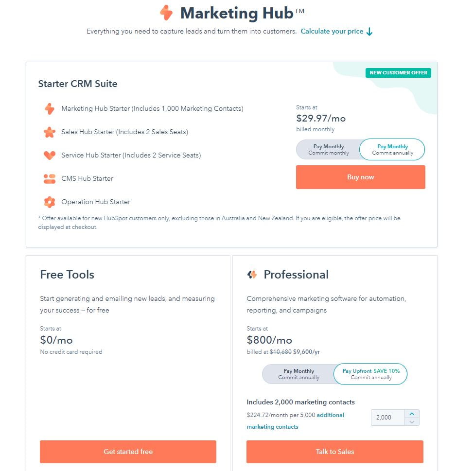 HubSpot landing page Builder Pricing