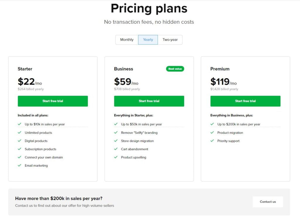 Sellfy Pricing