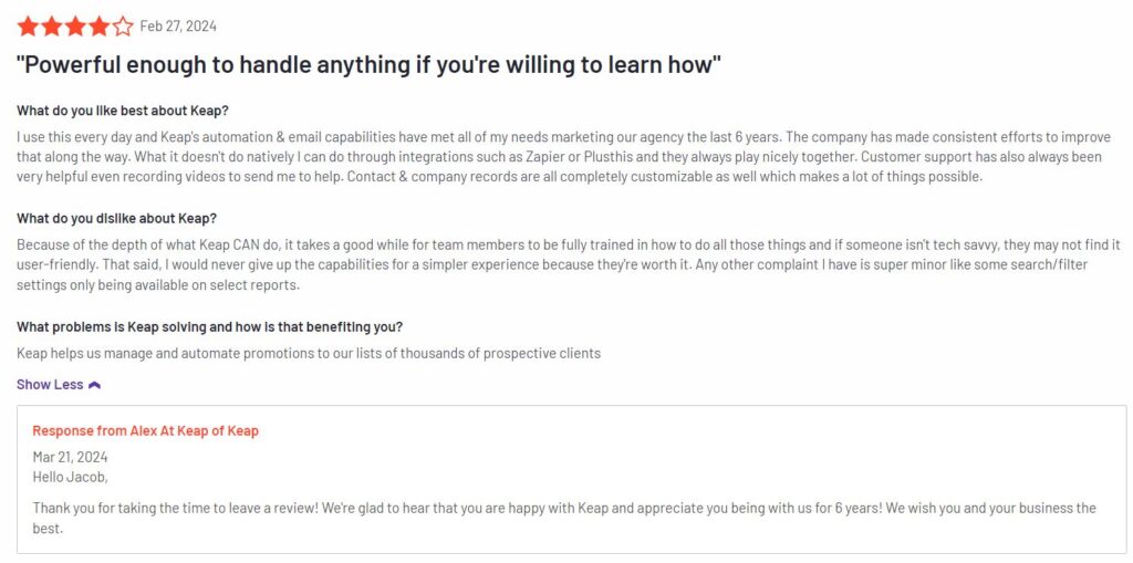 Keap CRM user Review 4